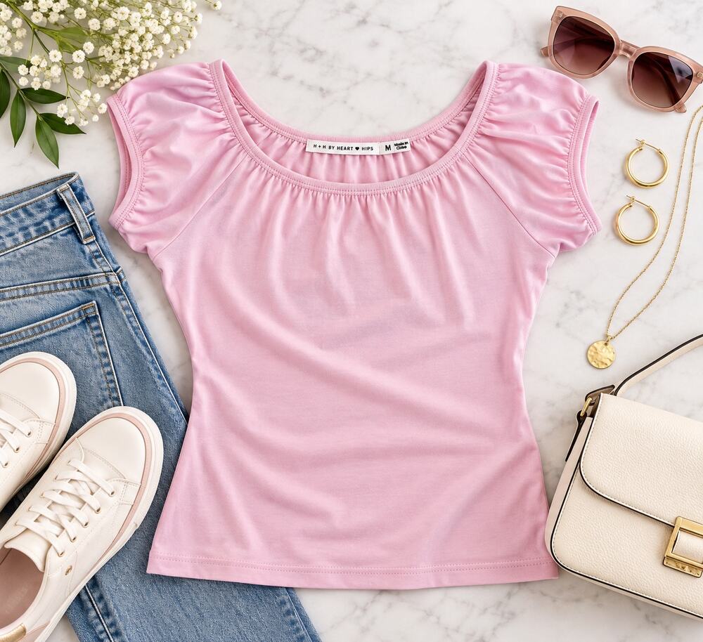 Heart & Hips Pink Bubble Cap Sleeve Scoop Neck Top M